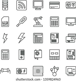 thin line vector icon set - lightning vector, monitor, bank card, calculator, rss feed, electronic thermometer e, screen, cards, processor, assembly robot, SIM, engineer, pc power supply, tower, usb