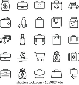 thin line vector icon set - briefcase vector, paper bag, first aid kit, toys over the cot, of a paramedic, medical, portfolio, case, suitcase, with handles, package, cart, wallet, money, dollars