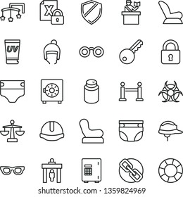 thin line vector icon set - spectacles vector, scales, toys over the cot, diaper, nappy, powder, Baby chair, car child seat, winter hat, construction helmet, lock, strongbox, encrypting, glasses