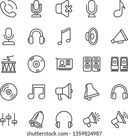 thin line vector icon set - bell vector, desktop microphone, horn, loudspeaker, drumroll, headphones, music, CD, no sound, phone call, megaphone, pc card, speaker, note, settings