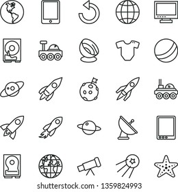 thin line vector icon set - monitor vector, counterclockwise, t short, bath ball, earth, planet, rocket, space, tablet pc, hdd, telescope, satellite antenna, saturn, lunar rover, flag on moon, first