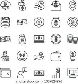 thin line vector icon set - purse vector, dollar, coins, column of, denomination the, catch a coin, wallet, money, cash, bag hand, rain, pedestal, gear, idea, eyes, mail, dialog, atm