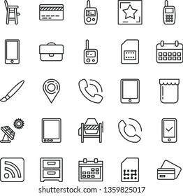 thin line vector icon set - tassel vector, calendar, bank card, rss feed, toy phone, mobile, a chair for feeding child, concrete mixer, smartphone, nightstand, call, jam, big solar panel, SIM, star