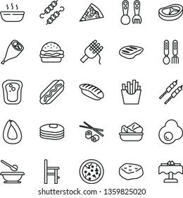 thin line vector icon set - plates and spoons vector, a chair for feeding, plastic fork, iron, stick of sausage, pizza, piece, Hot Dog, burger, spaghetti, porridge, lettuce in plate, bacon, chop