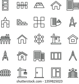 thin line vector icon set - house vector, box of bricks, dwelling, brick wall, window, frame, ntrance door, interroom, buildings, city block, tile, ceramic tiles, fence, paving slab, home, 3d cube