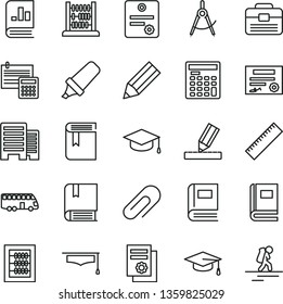 thin line vector icon set - clip vector, yardstick, book, new abacus, e, portfolio, buildings, drawing, calculation, square academic hat, scribed compasses, pencil, text highlighter, on statistics