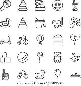 thin line vector icon set - beanbag vector, baby rattle, duckling, bath ball, stacking rings, toy, phone, mobile, children's sand set, small teddy bear, yule, rocking horse, cubes for children