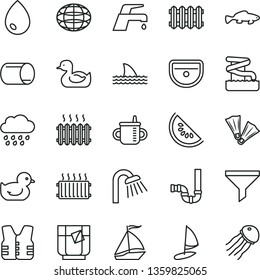 thin line vector icon set - mug for feeding vector, rubber duck, baby duckling, rainy cloud, sink, shower, siphon, new radiator, faucet mixer, drop, small fish, a glass of tea, slice water melon