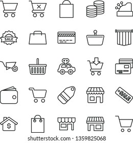 thin line vector icon set - paper bag vector, grocery basket, bank card, motor vehicle present, building trolley, cart, put in, crossed, cards, kiosk, coins, label, stall, shopping, wallet, hand