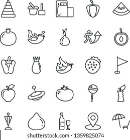 thin line vector icon set - pennant vector, stacking toy, sand set, yule, tomato, chili, peper, Chupa Chups, strawberries, pomegranate, red apple, rose hip, fig, half cherry, slice of water melon