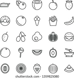 thin line vector icon set - deep plate with a spoon vector, big burger, cake slice, glazed hole, Chupa Chups, French fries, cone, fried egg, blueberries, strawberry, orange, half pomegranate, banana