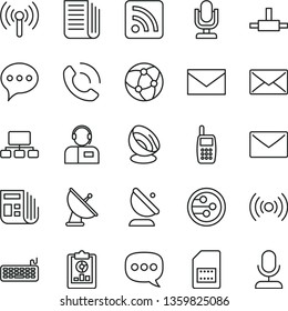 thin line vector icon set - desktop microphone vector, envelope, rss feed, speech, phone call, operator, satellite antenna, SIM card, statistical overview, scheme, morning paper, newspaper, mobile