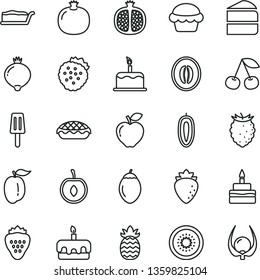 thin line vector icon set - cake vector, piece of, slice, torte, birthday, apple pie, popsicle, strawberry, strawberries, cherry, pomegranate, half, red, raspberry, medlar, tasty, melon, ripe plum