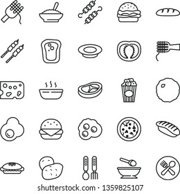 thin line vector icon set - deep plate with a spoon vector, iron fork spoons, piece of cheese, loaf, pizza, big burger, spaghetti, noodles, pie, bowl buckwheat porridge, hot, milk, bacon, barbecue