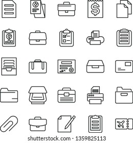 thin line vector icon set - clip vector, briefcase, clean paper, folder, archive, portfolio, suitcase, pass card, drawer, notes, survey, statistical overview, financial item, research, printer, file
