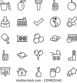 thin line vector icon set - check mark vector, dummy, baby powder, carriage, toy phone, mobile, children's sand set, colored air balloons, put in a box, planet, blueberries, ripe plum, tasty, onion