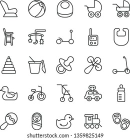 thin line vector icon set - toys over the cradle vector, dummy, feeding bottle, bib, baby, beanbag, rattle, car child seat, stroller, carriage, sitting, rubber duck, duckling, bath ball, phone
