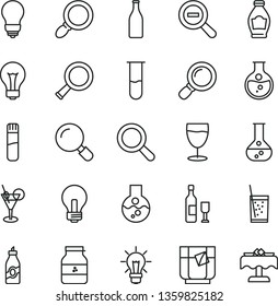 thin line vector icon set - matte light bulb vector, incandescent lamp, magnifier, zoom out, a glass of soda, tea, jar jam, bottle, liquor, round flask, test tube, wine, cocktail, restaurant