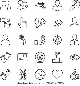 thin line vector icon set - woman vector, women, footprints, children's tracks, garden trolley, employee, heart, index finger, eye, pass card, lens, man, in sight, get a wage, dna, brain, hold world