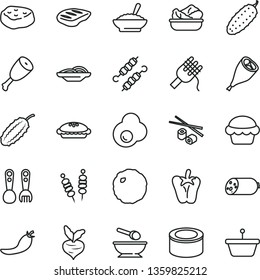 thin line vector icon set - deep plate with a spoon vector, plastic fork spoons, sausage, canned goods, fried vegetables on sticks, slices of onion, spaghetti, cake, pie, bowl buckwheat porridge