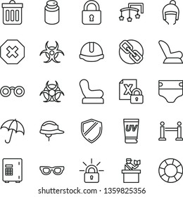 thin line vector icon set - mark of injury vector, spectacles, toys over the cot, diaper, powder, Baby chair, car child seat, winter hat, construction helmet, dust bin, lock, umbrella, encrypting