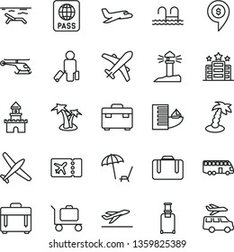 thin line vector icon set - suitcase vector, case, passport, coastal lighthouse, sand castle, helicopter, dollar pin, plane, bus, passenger, rolling, ticket, departure, hotel, beach, palm tree, pool
