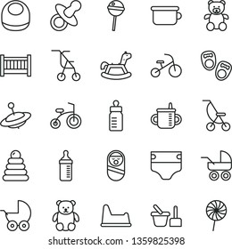 thin line vector icon set - baby cot vector, dummy, mug for feeding, bottle, measuring, diaper, bib, stroller, carriage, summer, sitting, stacking rings, roly poly doll, toy sand set, chair, small