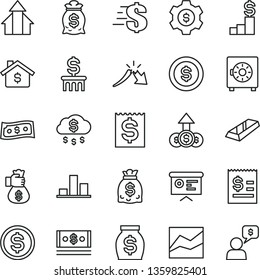 thin line vector icon set - dollar vector, line chart, strongbox, a crisis, article on the, financial item, money, dollars, cash, report, growth arrows, gold bar, bag hand, rain, coin, mortgage
