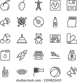 thin line vector icon set - baby bath ball vector, toy mobile phone, teddy bear, birthday cake, color samples, noodles, plate, liquor, cherry, ripe peach, tasty mulberry, power line, socket, dollars