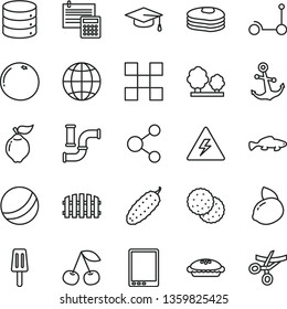 thin line vector icon set - danger of electricity vector, bath ball, Kick scooter, tile, calculation, fence, earth, anchor, big data, pie, cucumber, small fish, popsicle, biscuit, pancakes, cherry