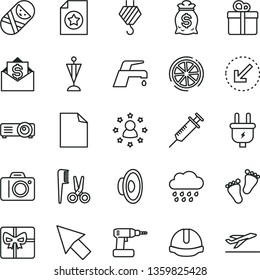 thin line vector icon set - camera vector, clean sheet of paper, loudspeaker, accessories for a hairstyle, rainy cloud, tumbler, footprints, hook, cordless drill, construction helmet, faucet mixer