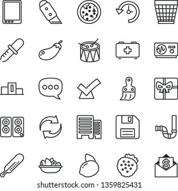 Thin Line Vector Icon Set - Floppy Disk Vector, Wicker Pot, Renewal, Mercury Thermometer, Bag Of A Paramedic, Drum, Plastic Brush, Siphon, Buildings, Knife, Pizza, Plate Fruit, Strawberries, Giftbox