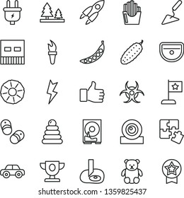 thin line vector icon set - stacking rings vector, motor vehicle, small teddy bear, Puzzles, child shoes, building trowel, sink, lightning, cucumber, fried potato slices, slice of pineapple, peas