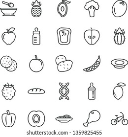 thin line vector icon set - feeding bottle vector, measuring for, deep plate with a spoon, loaf, slices of onion, milk, chicken leg, biscuit, sandwich, half apricot, red apple, tasty, blackberry