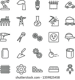 thin line vector icon set - brick wall vector, gears, cogwheel, trowel, adjustable wrench, cordless drill, helmet, core, coal mining, flask, manufacture, power pole, socket, industrial enterprise