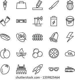 thin line vector icon set - tassel vector, lightning, children's tracks, paint bucket, building level, drawing, fence, bell, 24, japanese sushi, apple, blueberries, half of passion fruit, coconut