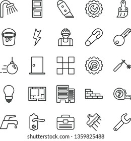 thin line vector icon set - safety pin vector, brick wall, big core, long meashuring tape, paint bucket, plastic brush, portfolio, shower, lay out of flat, bulb, key, door knob, ntrance, interroom