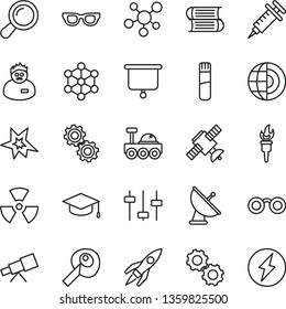 thin line vector icon set - books vector, square academic hat, test tube, telescope, molecule, glasses, nuclear, zoom, gears, settings, satellite, scientist, artifical insimination, earth core, bang