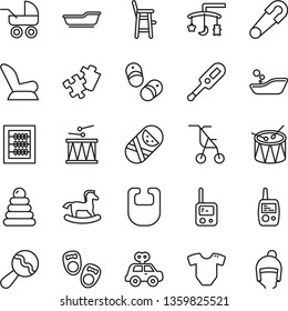thin line vector icon set - toys over the cradle vector, new abacus, bib, t short, beanbag, car child seat, baby carriage, sitting stroller, safety pin, electronic thermometer e, children's bathroom