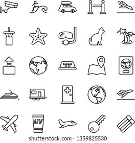 Thin Line Vector Icon Set - Earth Vector, Plane, Car Baggage, Camper, Taxi, Airport Tower, Rope Barrier, Passport, Departure, Arrival, Uv Cream, Palm Tree, Medical Room, Starfish, Diving Mask, Pets