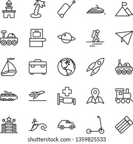 thin line vector icon set - baby toy train vector, child Kick scooter, suitcase, map, planet, retro car, rocket, lunar rover, mountain flag, paper plane, sand castle, earth, sail boat, backpacker