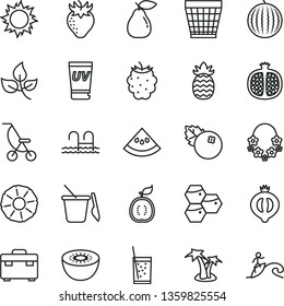 thin line vector icon set - wicker pot vector, summer stroller, children's sand set, suitcase, a glass of soda, blueberries, honeycombs, half pomegranate, pear, strawberry, medlar, blackberry, kiwi