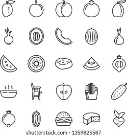 thin line vector icon set - a chair for feeding child vector, cheese, burger, hot porridge, piece of meat, cucumber, beet, fried potato slices, orange slice, apple, pomegranate, tasty, medlar, half