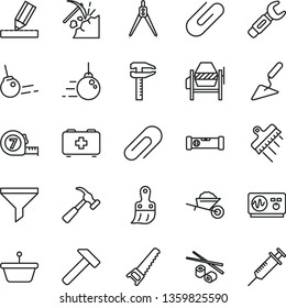 thin line vector icon set - clip vector, bag of a paramedic, big core, garden trolley, building trowel, concrete mixer, hand saw, long meashuring tape, plastic brush, construction level, drawing