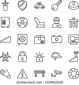 thin line vector icon set - warning vector, car child seat, open pin, bag of a paramedic, workman, key, construction helmet, road fence, lock, strongbox, cardboard box, radiation hazard, autopilot
