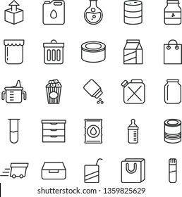 thin line vector icon set - storage unit vector, measuring cup for feeding, bottle, baby powder, e, dust bin, drawer, bag with handles, package, unpacking, canned goods, tin, of popcorn, jam, jar