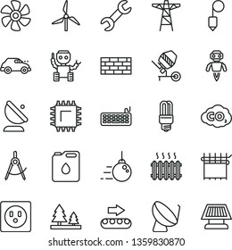 thin line vector icon set - brickwork vector, big core, concrete mixer, plummet, marine propeller, windmill, power pole, socket, forest, production conveyor, canister of oil, cloth industry, smd