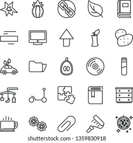 thin line vector icon set - clip vector, upward direction, spectacles, minus, book, toys over the cradle, chest of drawers, Kick scooter, Puzzles, gears, paint roller, CD, screen, coffee, apple stub