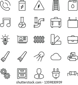 thin line vector icon set - hand saw vector, arm, color samples, stepladder, new radiator, employee, case, nightstand, phone call, artificial satellite, charging battery, flask, water pipes, plug