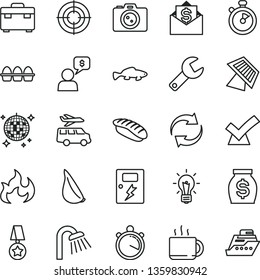 thin line vector icon set - repair key vector, renewal, suitcase, shower, dangers, bundle of eggs, garlic, japanese sushi, small fish, cup tea, money, bulb, flame, sun panel, stopwatch, star medal